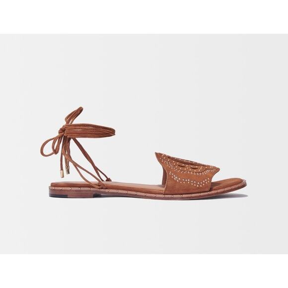 NEW in Box MAJE Flat Studded Lace Up Sandals Camel size 40/ 9.5 - Picture 5 of 10